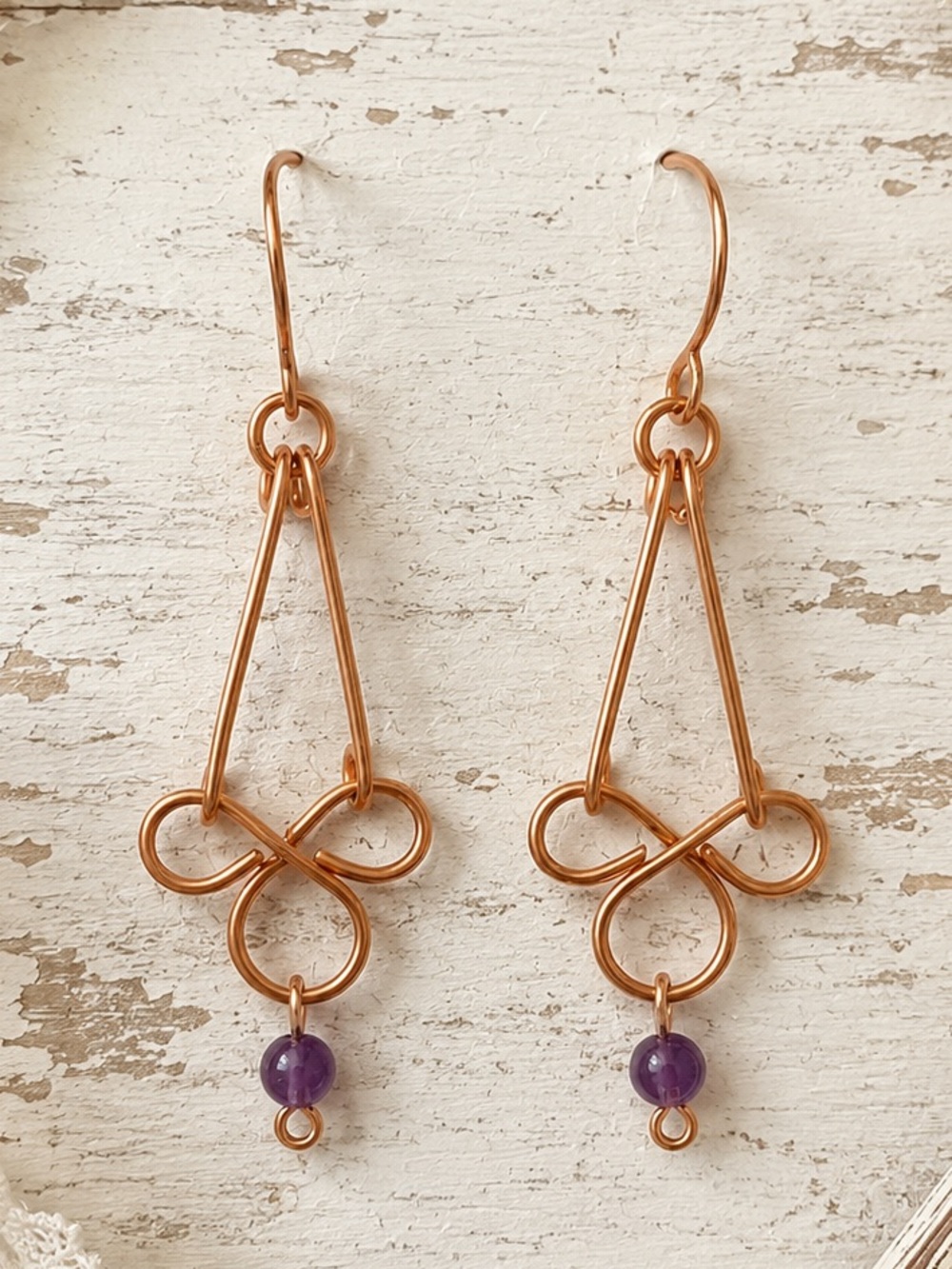 Handcrafted Copper Wire Earrings with Amethyst Bead